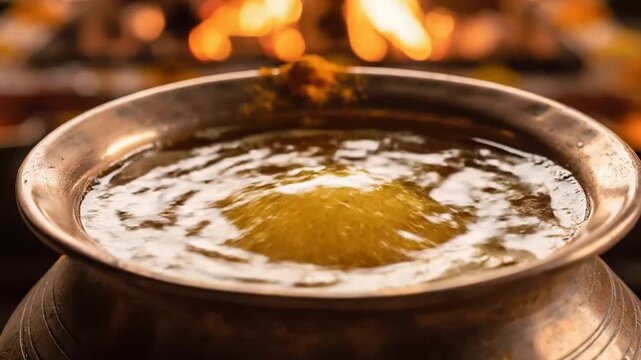Sacred clarified butter bubbling inside a copper pot prepared for the traditional havan ritual ceremony.