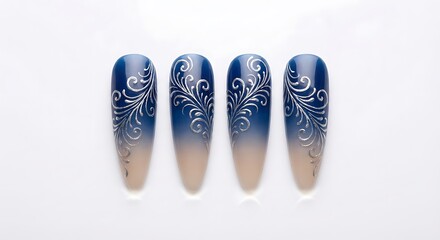 Beautiful blue and white nail art design on fake nails