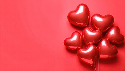 Fototapeta premium Shiny red heart-shaped balloons clustered on a solid red background