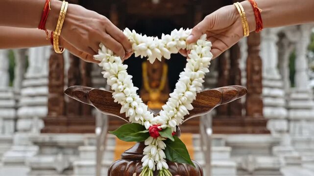 Close-up view of hands placing a fragrant flower garland during the sacred maharishi dayanand saraswati jayanti celebration.