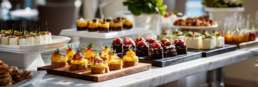 A beautifully arranged selection of assorted desserts on a long marble table in a bright room
