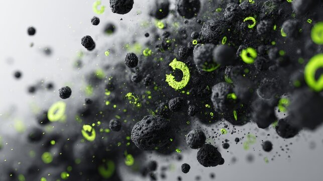Carbon emissions reduction, abstract carbon particles dissolving into green energy symbols, clean minimal background, 3D illustration.