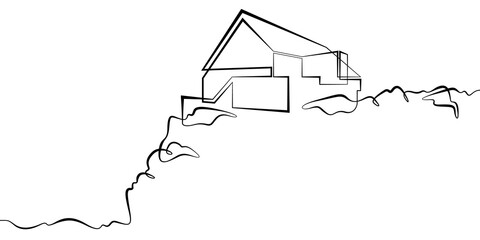 Continuous single line drawing house on the hill. Modern house in the mountains. Architecture. Real estate. Linear.One continuous line isolated minimalist illustration. Not AI.