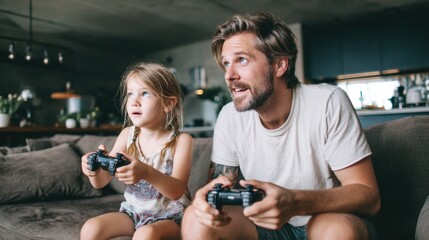 Fun gaming entertainment. A man and a young girl seated on a couch, intently focused on playing video games. The room is illuminated by a few lights attached to the ceiling.