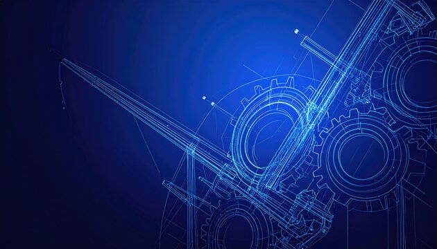 Blueprint of a clock mechanism with gears and hands, on a blue background
