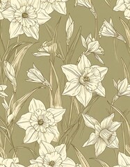 A botanical pattern of daffodils on a muted green background; beige detailed drawings of flowers and foliage fill space
