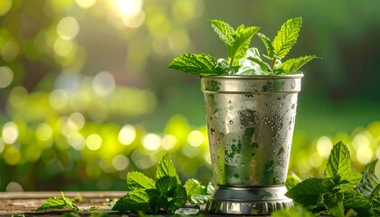 A metal julep cup filled with mint on a wooden surface outdoors