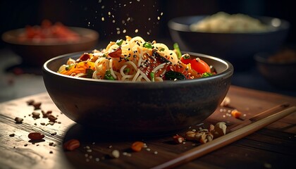 A bowl of Asian-style noodles with vegetables and scattered sesame seeds on a wooden board with chopsticks