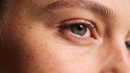 Obraz premium Close-up of womans blue eye with natural lashes. Detailed iris and pupil in soft focus. Human vision and beauty concept for cosmetics and optometry illustrations