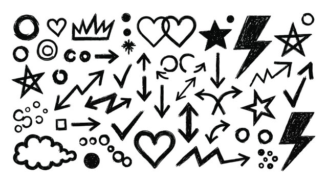 Collection of black doodle icons and symbols on white background for design