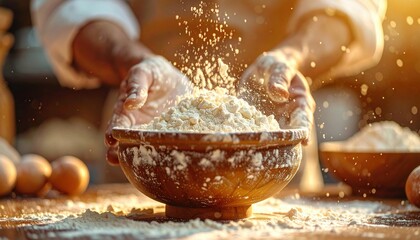 Baker Sifting Flour Into Wooden Bowl Warm Sunlight Illuminates Baking Process Eggs Nearby On Wooden Table