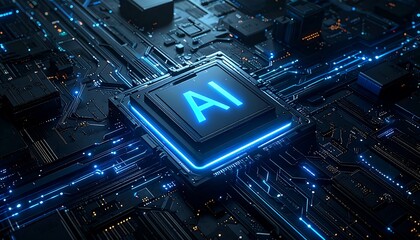 A microchip with AI on it sits on a circuit board with blue lights
