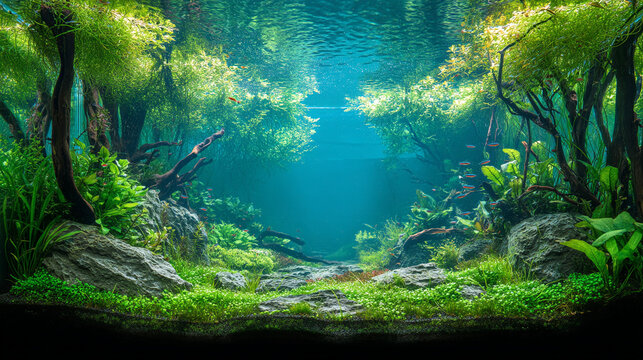 Underwater aquarium forest with sunlight filtering through green plants and fish