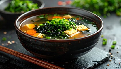 A bowl of dark-rimmed broth soup with tofu, seaweed, and chopped chives on a dark stone background