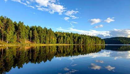 Obraz premium Serene Lake Reflection of Forest and Sky in Finland.