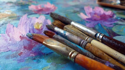 Fototapeta premium Education training class. Knowledge learning improvement study. A closeup of paintbrushes on a canvas with a vibrant painting of water lilies. The background is slightly blurred.