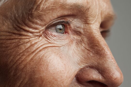Elderly individual's expressive eye close-up indoor studio portrait photography natural light emotional connection