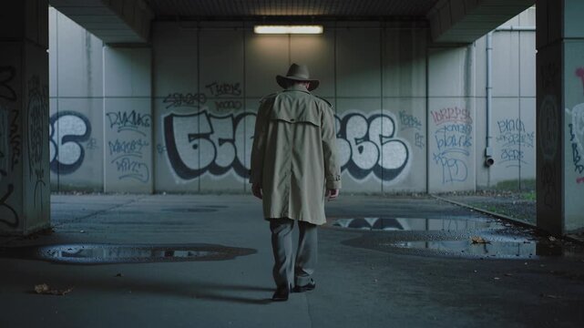 Man in trench coat and hat walking through a graffiti-covered underpass with puddles. Urban exploration concept.