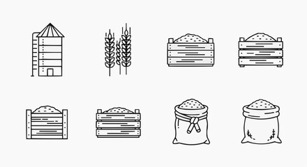 Grain storage illustrations showcasing various containers and harvesting scenes from a straightforward viewpoint