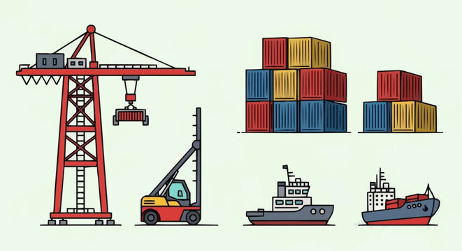 Cargo ships and containers being loaded at a busy dockside with cranes and forklifts from a side viewpoint