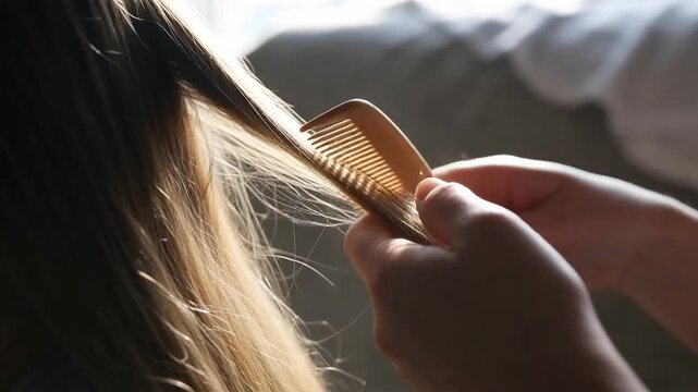 A close-up view of a person combing long, light brown hair, illuminated by soft natural light, creating a serene atmosphere