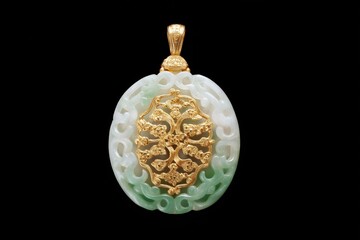 Exquisite gold-embellished jade pendant art gallery jewelry showcase elegant environment close-up view cultural heritage