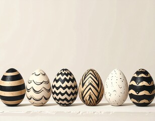 Pisanki w paski i zygzaki. Wielkanocne tło w odcieniach beżu i czerni