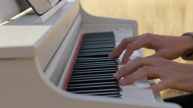 Hands playing piano keys, close-up of pianist performing classical music
