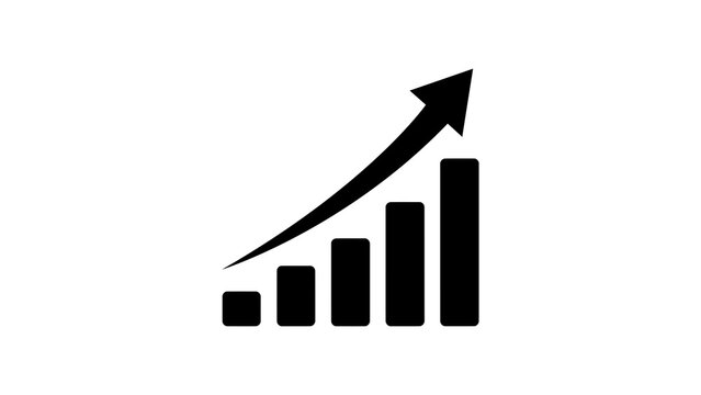 Black bar graph with upward trending arrow isolated on a transparent background