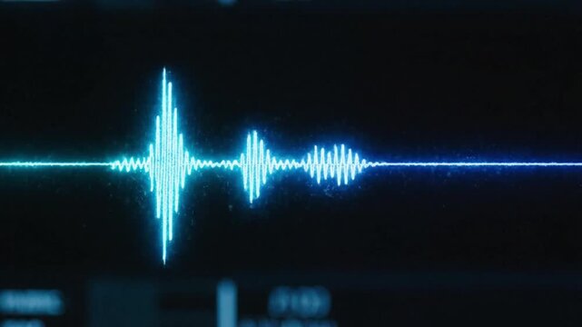 Glowing blue waveform on a dark background with a white space below, showcasing a sound wave pattern in a digital display.
