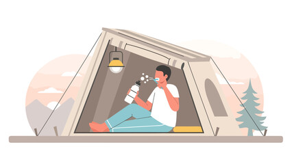 Morning Hygiene During A Camping Trip Concept Vector Illustration