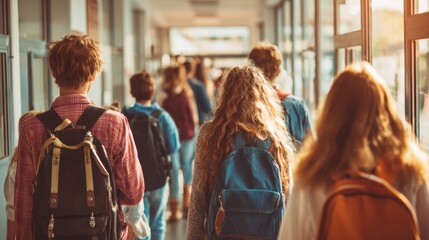 Education training class. Knowledge learning improvement study. A group of students walking down a hallway, each carrying a backpack. The hallway has glass doors on the left and a ceiling above.