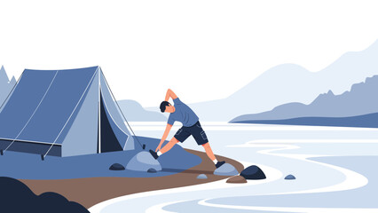 Fototapeta premium Morning Stretch Routine By The Lakeside Camping Spot For Wellness And Fitness