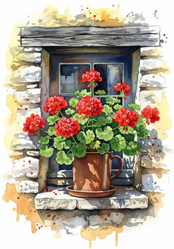 charming watercolor painting of vibrant red geraniums in a rustic pot on a stone windowsill with a weathered wooden window frame