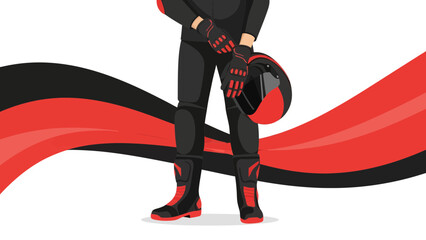 Motorcycle Rider In Full Gear Holding Helmet Against A Stylish Red Backdrop