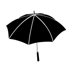 Open black umbrella and colorful set of parasols isolated on white background as a weather protection object for a rainy autumn season