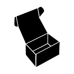 An isolated 3d illustration of an open empty black cardboard jewelry gift box with a ribbon and square paper carton design for single object packaging