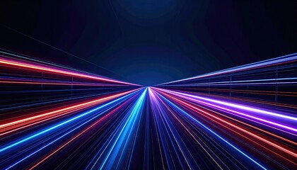 Streaking neon lights converge to a vanishing point, creating motion