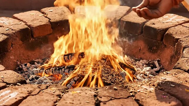 Vibrant flames burning wood and offerings in a traditional havan kund during a hindu religious ritual ceremony.