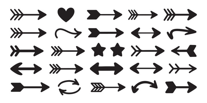 Hand drawn tribal arrow collection with ethnic style and geometric shapes set of black vector sketch icons