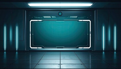 Futuristic hallway with glowing screens and neon accents