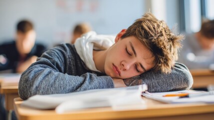 Education training class. Knowledge learning improvement study. A young man sleeping on a desk in a classroom, surrounded by books and a pen. The background is slightly blurred.