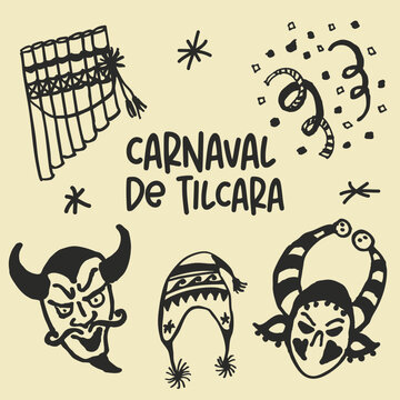 Mascaras y cotill&oacute;n del carnaval de Tilcara vectorial editable, NOA, norte argentino, Tilcara, Aymar&aacute;. Set de iconos editables.