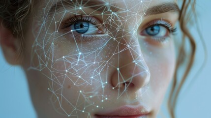  Close-up of Woman's Face with Glowing Digital Mesh Overlay: Biometric Facial Recognition and AI Technology Concept. AI genereted