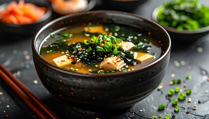 A bowl of miso soup with tofu, seaweed, and scallions, presented on a speckled, dark surface