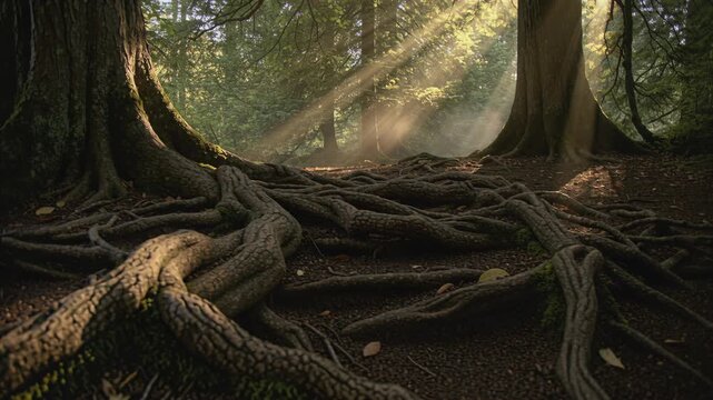 Forest ground with intricate tree roots and sun rays illuminating through the trees in a natural setting.