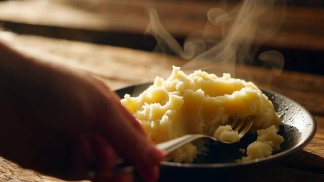 Close-up of steaming mashed potatoes on a rustic plate, with a hand reaching towards the dish, against a wooden table backdrop