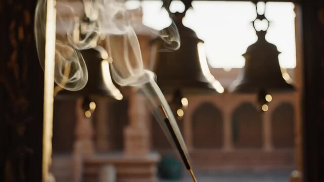 Wafting incense smoke rises gracefully near traditional brass temple bells symbolizing hindu prayer and devotion.
