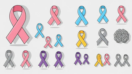 Colorful awareness ribbons for various causes on gray background