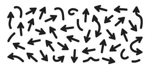 Set of various thick bold black doodle arrows isolated on white background pointing in multiple directions